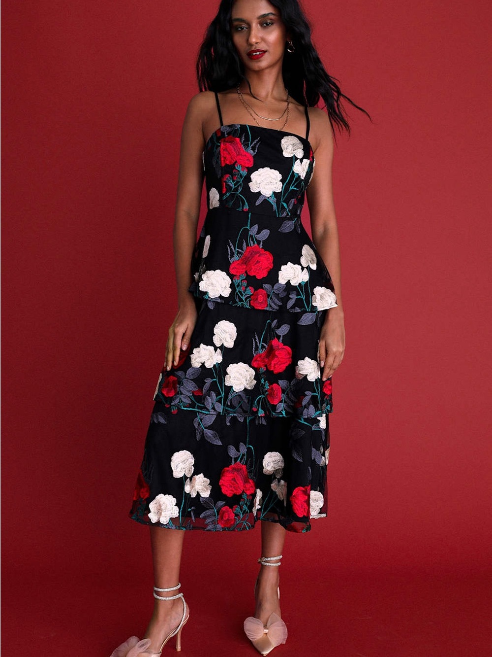 Lulu's Black Midi Dress with Red & White Floral Embroidery